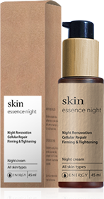 SKIN ESSENCE NIGHT  45 ml intenzíven regenerálhatja és megújíthatja a sejteket az éjszaka folyamán » segíthet lelassítani a bőr öregedését » feszesítheti a bőrt, kisimítja a ráncokat » összehúzza a kitágult pórusokat » felveszi a harcot a szabad gyökökkel » enyhíti a környezet káros hatásait